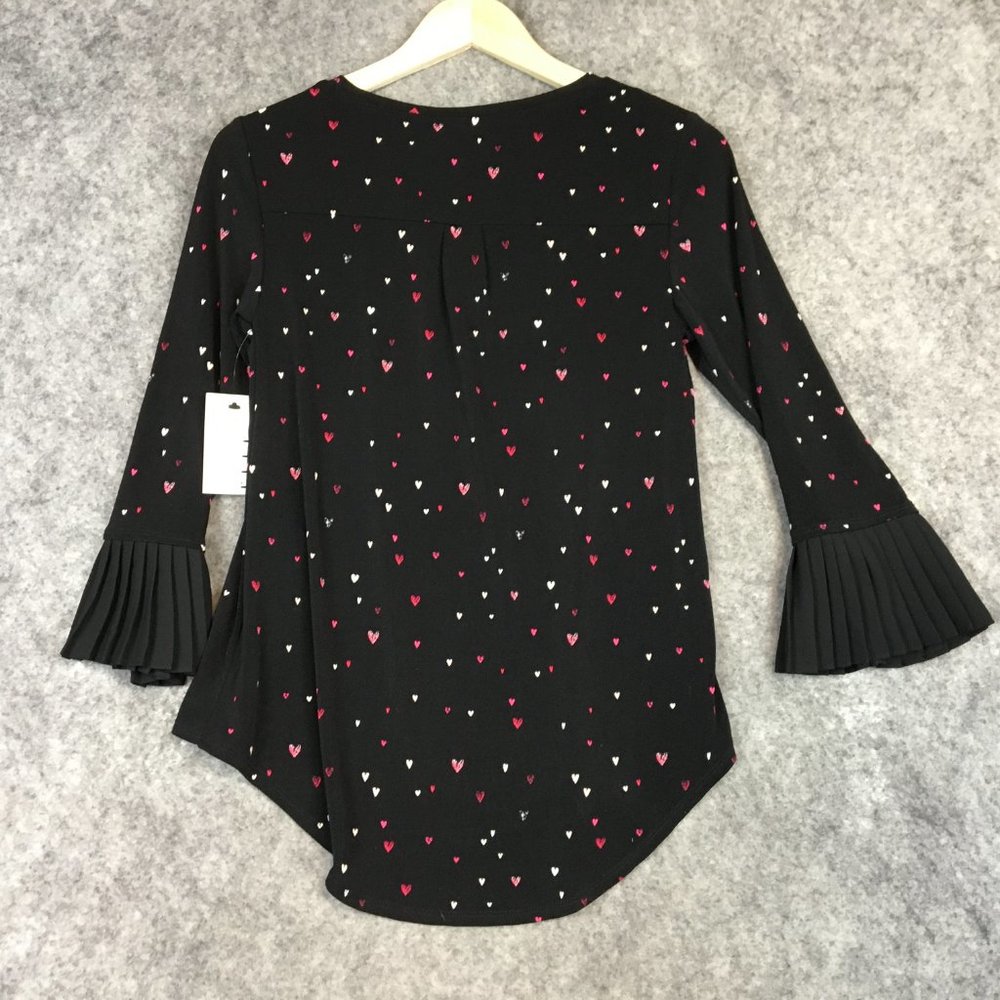 Elle Top XS Blouse Career Heart Print Crepe Black Accordion Pleat Sleeves Pink - Picture 12 of 13